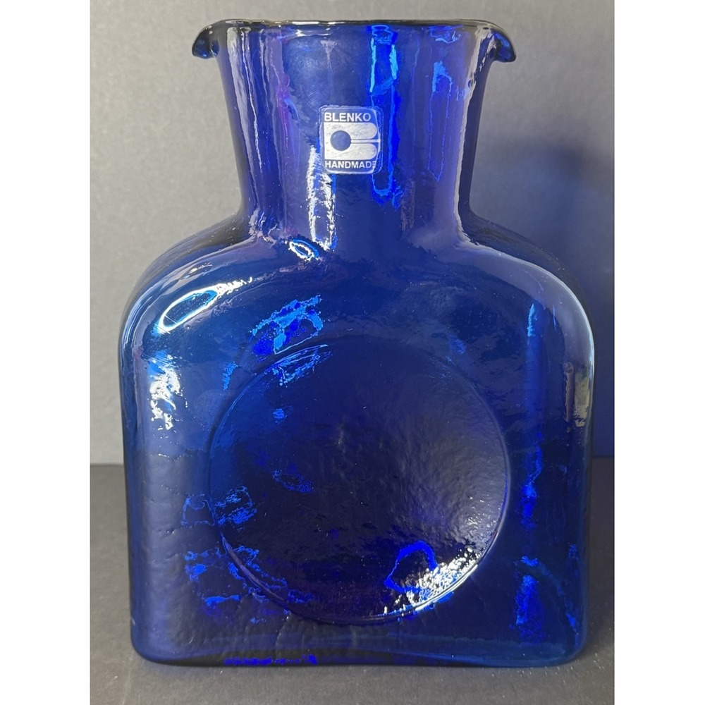 VTG Blenko Glass 384 Cobalt Blue Double Spout Water Bottle Pitcher Foil Label - Picture 3 of 13
